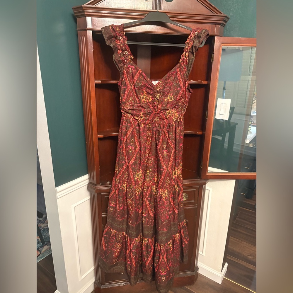 Caroline Constas Floral Paisley Ruffle Tiered Maxi Dress Brown Burgundy Boho